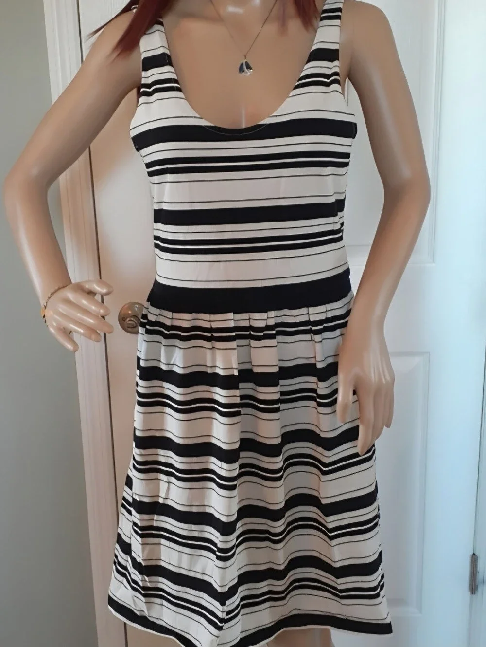 J. CREW Villa Striped Cream Black Sleevless Tank Dress Back Button Womens Size M